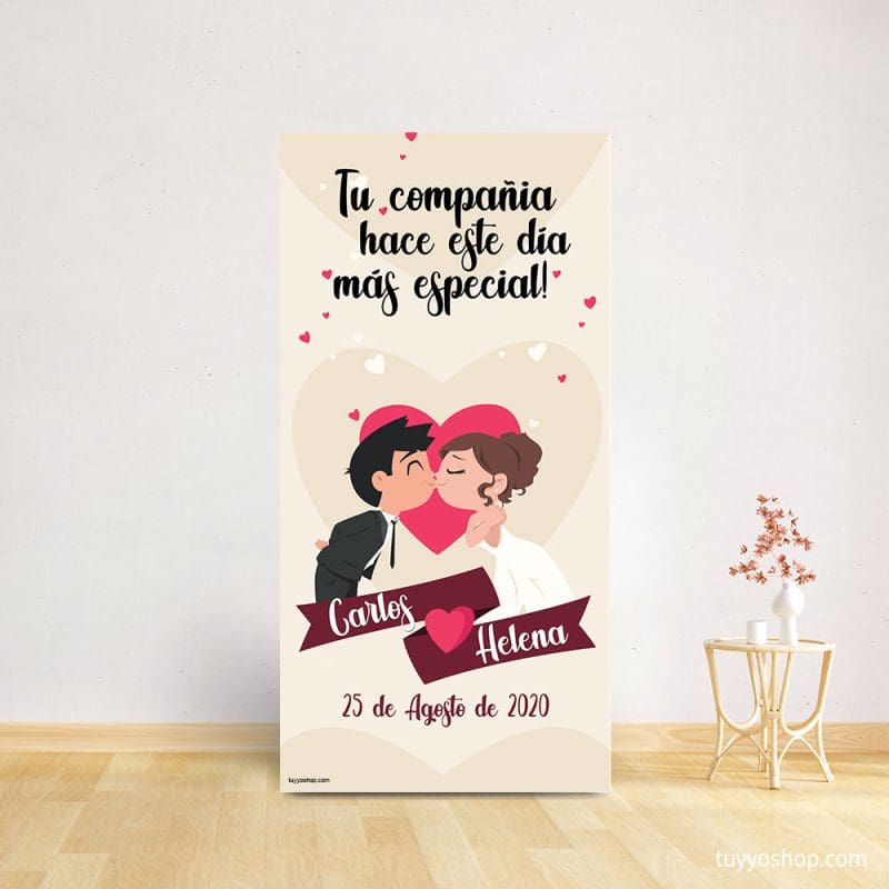 Cartel bienvenida boda. Kiss and Love. 70x140cm. Personalizable cartel bienvenida boda modelo kiss and love