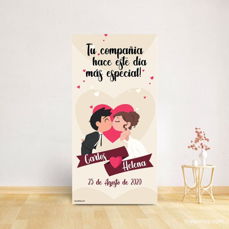 Cartel bienvenida boda. Kiss and Love. 70x140cm. Personalizable