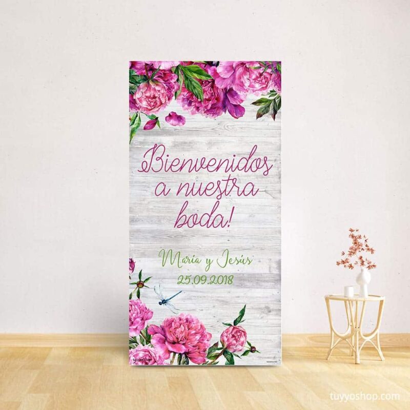 Cartel bienvenida boda. Modelo Peonía. 70x140cm. Personalizable. cartel bienvenida boda modelo peonias 1