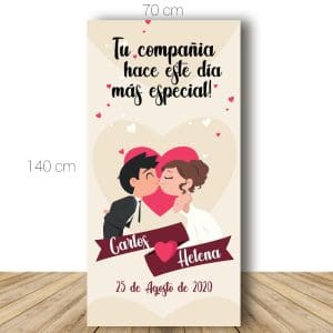 Cartel bienvenida boda. Kiss and Love. 70x140cm. Personalizable