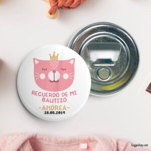 Chapa personalizada para bautizo. Cat Princess. Imperdible, abridor, espejo o imán chapa abridor bautizo cat princess