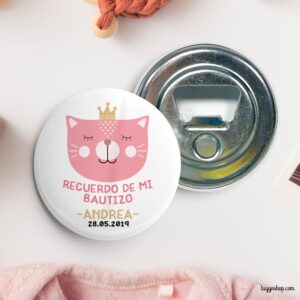 Chapa personalizada para bautizo. Cat Princess. Imperdible, abridor, espejo o imán