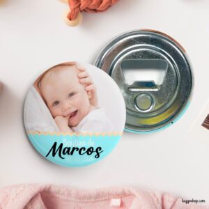 Chapa personalizada para bautizo con foto. Imperdible, abridor, espejo, imán