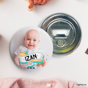 Chapa personalizada para bautizo con foto con cinta. Imperdible, abridor, espejo, imán