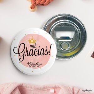 Chapa personalizada para bautizo. Modelo corona. Imperdible, abridor, espejo, imán chapa abridor personalizada crown