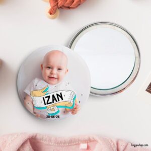 Chapa personalizada para bautizo con foto con cinta. Imperdible, abridor, espejo, imán