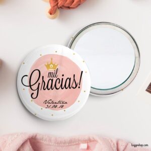 Chapa personalizada para bautizo. Modelo corona. Imperdible, abridor, espejo, imán chapa espejo personalizada crown