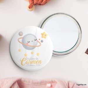 Chapa personalizada para bautizo. Modelo moon. Imperdible, abridor, espejo, imán chapa espejo personalizada moon