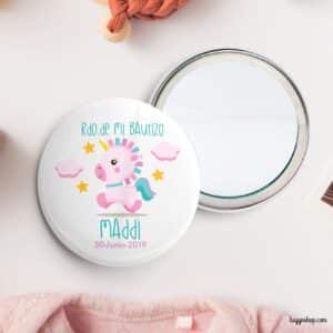 Chapa personalizada para bautizo. Modelo pink unicornio. Imperdible, abridor, espejo, imán chapa espejo personalizada uni