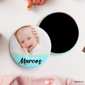 Chapa personalizada para bautizo con foto. Imperdible, abridor, espejo, imán