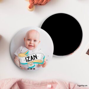 Chapa personalizada para bautizo con foto con cinta. Imperdible, abridor, espejo, imán