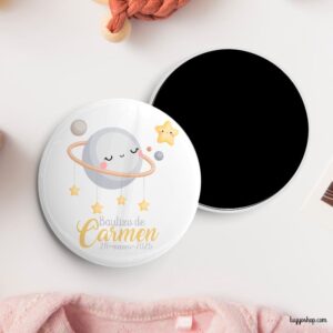 Chapa personalizada para bautizo. Modelo moon. Imperdible, abridor, espejo, imán chapa iman personalizada moon