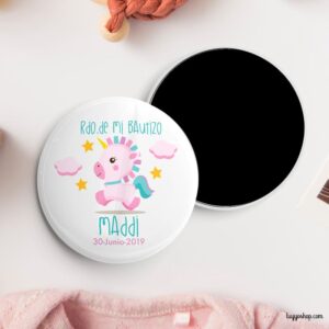 Chapa personalizada para bautizo. Modelo pink unicornio. Imperdible, abridor, espejo, imán chapa iman personalizada uni