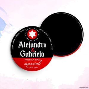 Chapa personalizada para boda, modelo Estrella. Abridor imán, espejo, imperdible o imán.