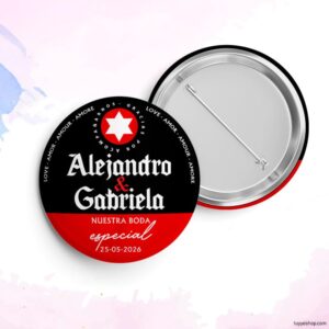 Chapa personalizada para boda, modelo Estrella. Abridor imán, espejo, imperdible o imán. chapa para boda estrella galicia imperdible