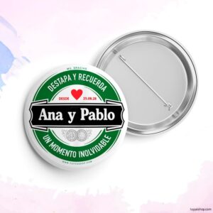 Chapa personalizada para boda, Heine. Abridor imán, espejo, imperdible o imán.