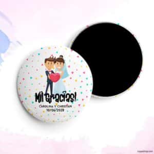 Chapa personalizada para boda, Novios corazón. Abridor imán, espejo, imperdible o imán. chapa personalizada boda novios corazon iman