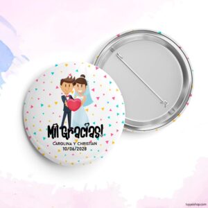 Chapa personalizada para boda, Novios corazón. Abridor imán, espejo, imperdible o imán. chapa personalizada boda novios corazon pin