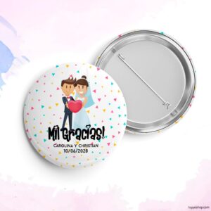 Chapa personalizada para boda, Novios corazón. Abridor imán, espejo, imperdible o imán.