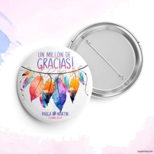 Chapa personalizada para boda, plumas boho. Abridor imán, espejo, imperdible o imán.