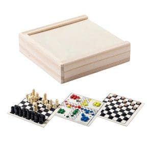 Conjunto 3 juegos en caja de madera. 12.5x3x12.5cm