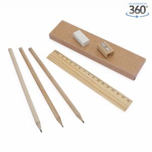 Caja de lápices de madera con sacapuntas y goma