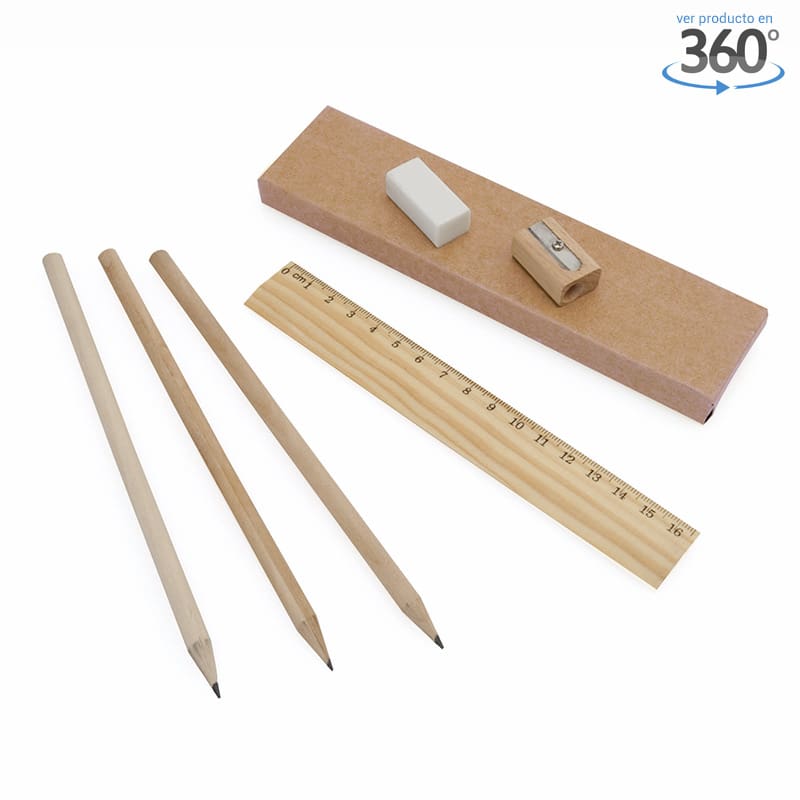 Caja de lápices de madera con sacapuntas y goma