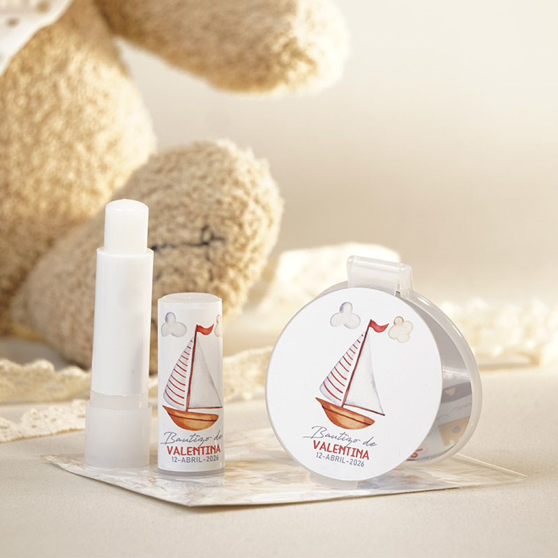 detalles de bautizo de barquito: pack de espejo y bálsamo personalizado
