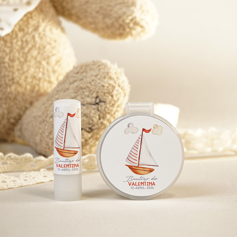detalles de bautizo de barquito: pack de espejo y bálsamo personalizado