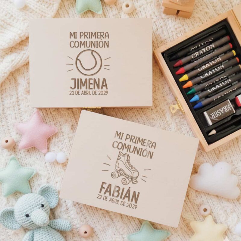 detalles de comunión de deportes: maletín de madera para colorear personalizado. varios modelos