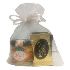 Pack miel 30gr con 5 chocolatinas en bolsa de organza de 10x13cm