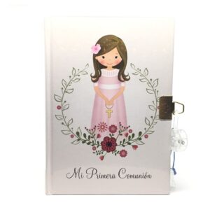 Tradineur - Diario de Primera Comunión + bolígrafo con luz, tapa dura,  incluye candado, 90 páginas decoradas, regalo original (N