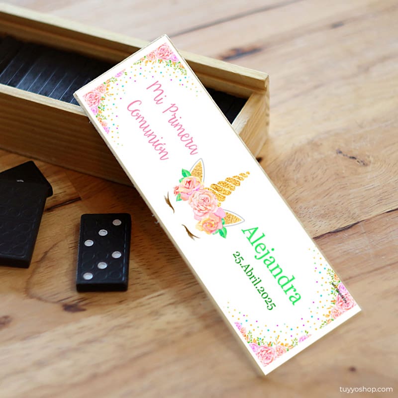 Juego dominó de madera personalizado para comunión, Glitter Unicornio domino para comunion modelo uniconio