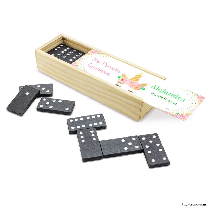 Juego dominó de madera personalizado para comunión, Glitter Unicornio domino personalizado comunion unicornio2