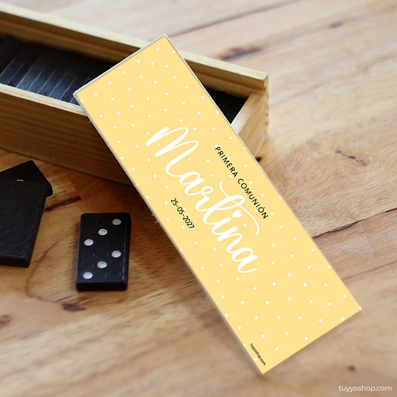 Juego dominó de madera personalizado para comunión, modelo Yellow domino personalizado comunion yellow2