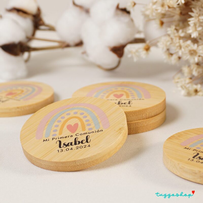 Espejo para comunión personalizado, una cara, bambú, diseño arcoíris