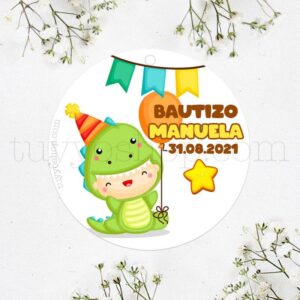 Etiqueta de bautizo, bebé dinosaurio