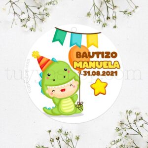 Etiqueta de bautizo, bebé dinosaurio