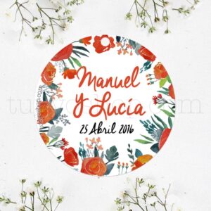 Etiqueta para boda diseño flores y acuarela.