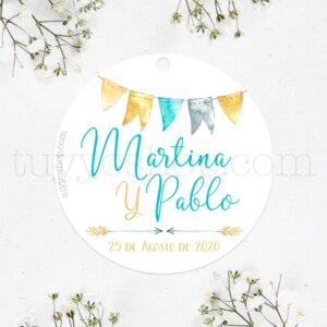 Etiqueta para boda, guirnalda menta y ocre