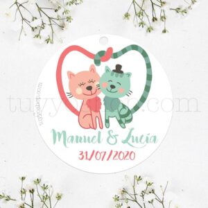 Bonita etiqueta para personalizar los detalles de tu boda. Diseño Love Cats.