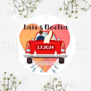 Etiqueta de boda Novios en coche