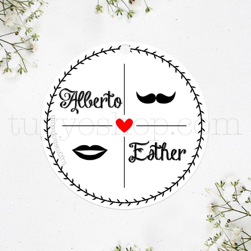 etiqueta para boda kiss moustache que puedes personalizar con tu nombre