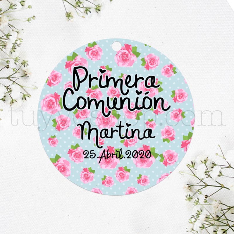 Etiqueta de Comunión personalizada de NIÑA de espaldas y fondo de flores