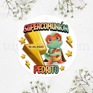 Etiqueta de comunión SuperDinosaurio.