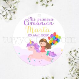 Etiqueta para comunión, diseño Arre Unicornio