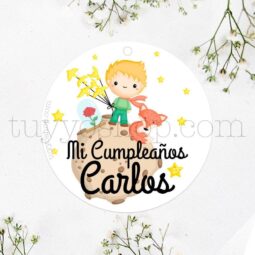 Etiquetas Cumpleaños El Principito personalizadas, circulares de 4,8cm en formato cartulina o adhesivo.