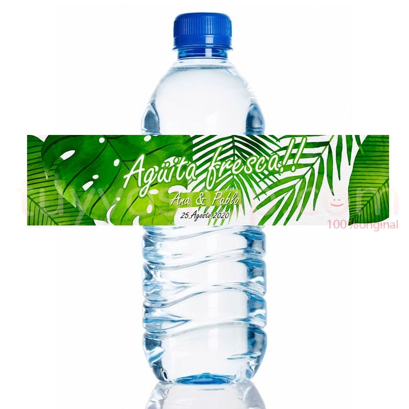 Etiqueta de adhesiva para botella de agua. Agüita fresca. 20x5cm