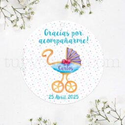 Etiqueta para bautizo, modelo carrito vintage