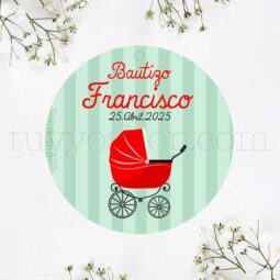 Etiqueta para bautizo, modelo carrito rojo